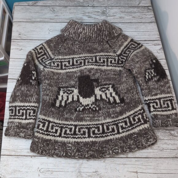 Cowichan-Style Wool Zip Sweater Brown Cream Moose Pattern – Unisex 20" - Picture 7 of 8